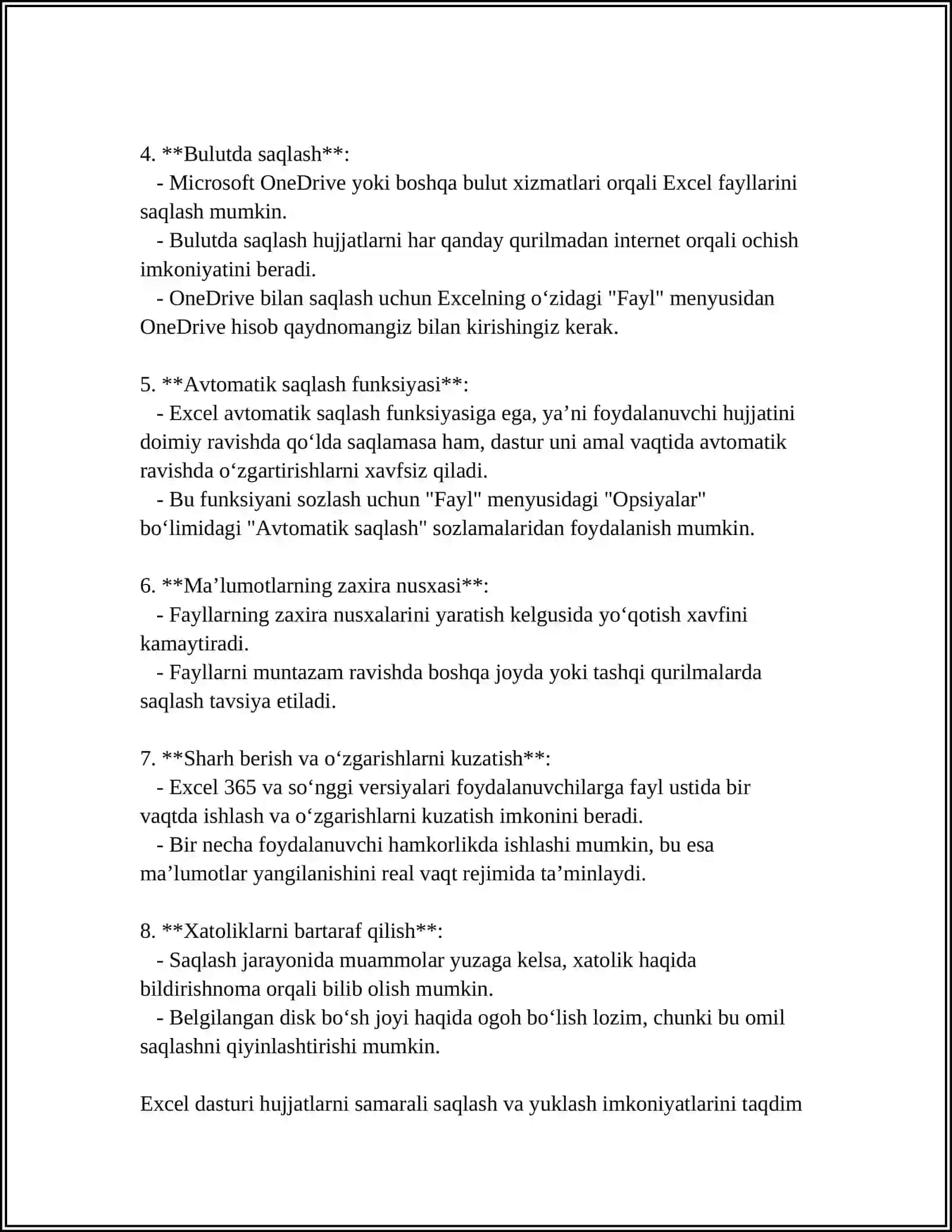 MS EXCEL DASTURIDA HUJJATLARNI TAHRIRLASH VA FORMATLASH 4
