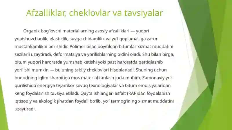 Organik bog‘lovchi materiallar va ulardan yo‘l qurilishda foydalanish 4