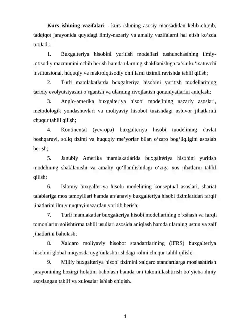 Turli mamlakatlarning buxgalteriya hisobini yuritish modellari tushunchasi  KURS ISHI 4