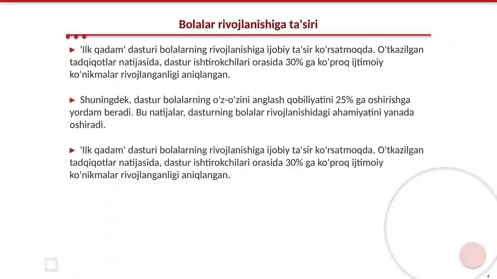 Maktabgacha yoshdagi bolalar rivojlanishida 'ilk qadam' dasturining ahamiyati 4