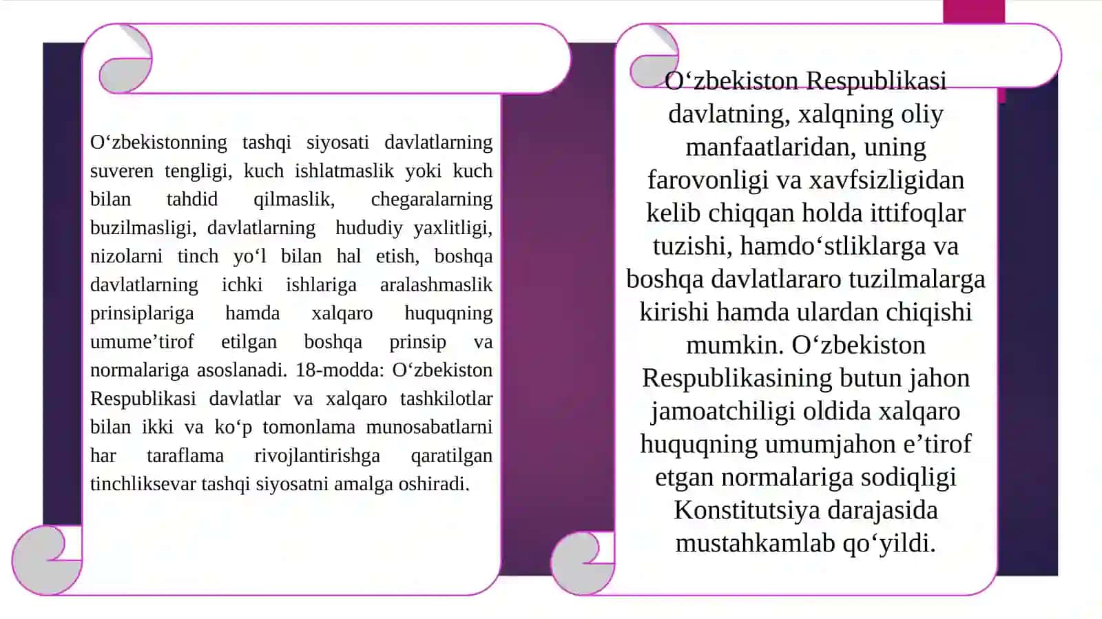 Oʻzbеkiston Rеsрublikаsi tаshqi siyosаtining аsosiy ustuvor tаmoyillаri. Yangi Oʻzbekistonning tinchliksevar tashqi siyosati. 4