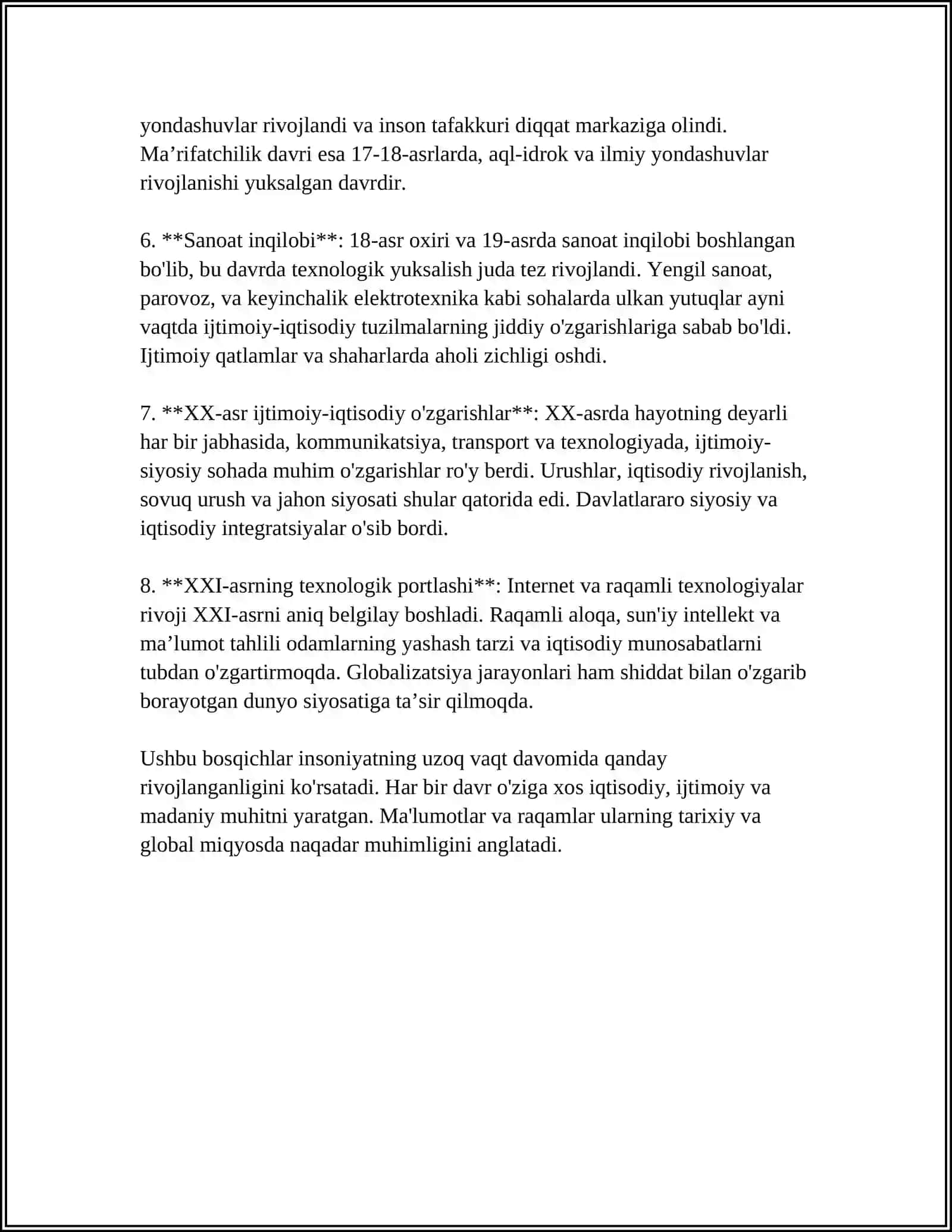 JAMIYAT TARAQQIYOTIDA TARIXNING MAZMUNI,YOʻNALISHLARI VA KONSEPSIYALARI 2024-2025-o'quv yili 4