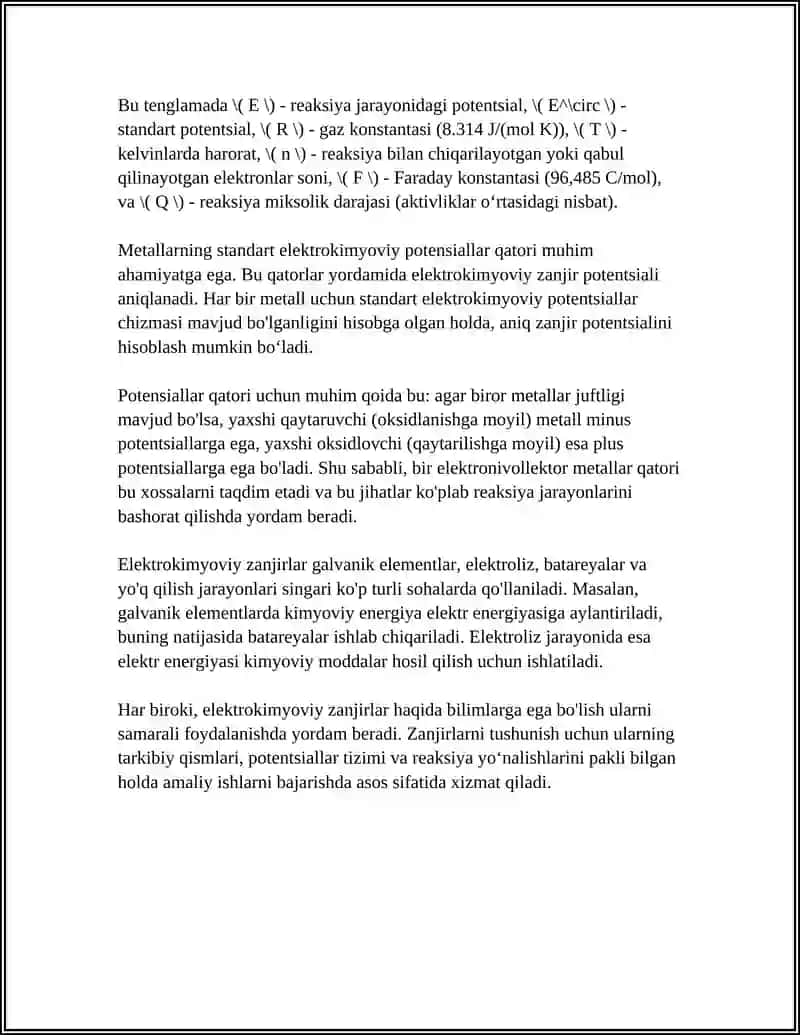 ELEKTROKIMYOVIY ZANJIRLAR.NERNST TENGLAMASI.METALLARNING STANDART ELEKTROKIMYOVIY PATENSIALLARI QATORI VA UNI QOLLANISHI 4