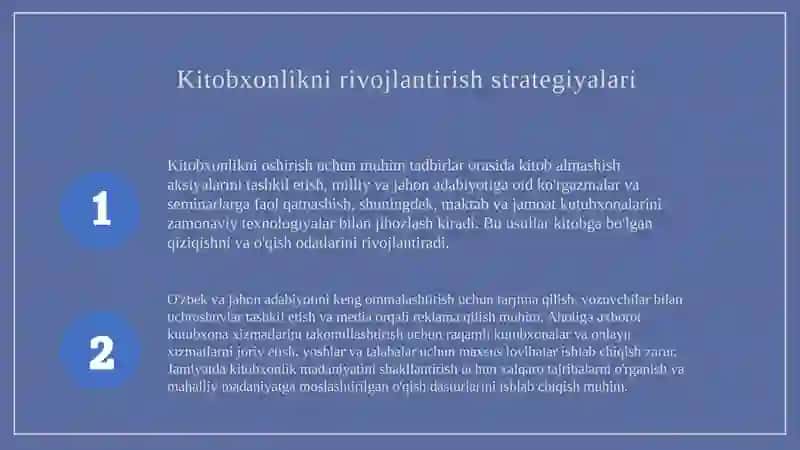 Òzbek va Jahon adabiyotlarini keng ommalashtirish, jamiyatda kitobxonlikni hamda aholiga axborot kutubxona xizmatini oshirish 4