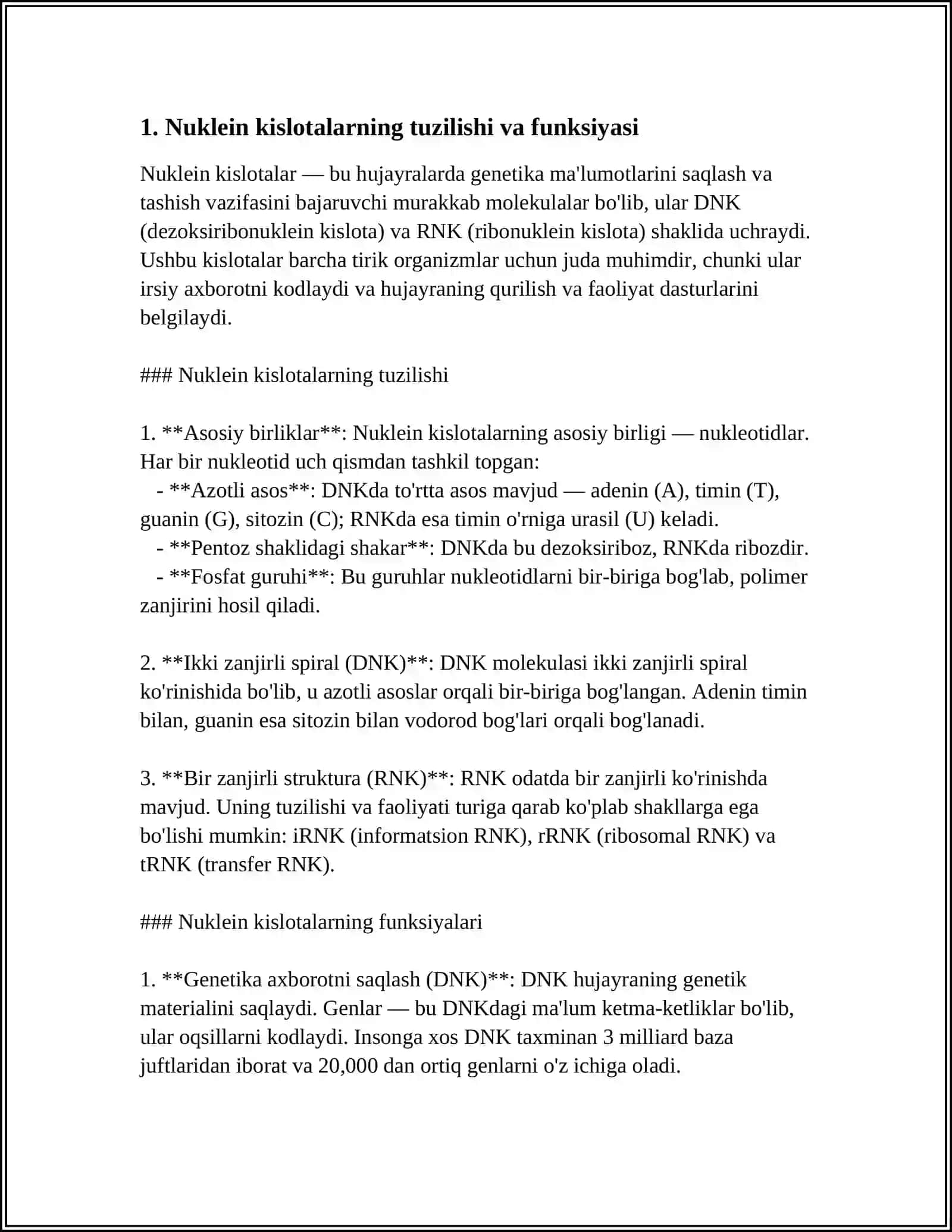 TIRIKLIKNING MOLEKULYAR ASOSLARI. NUKLEIN KISLOTALAR VA IRSIY BELGILARNI ROLI NASLDAN-NASLGA O'TISHDAGI 4