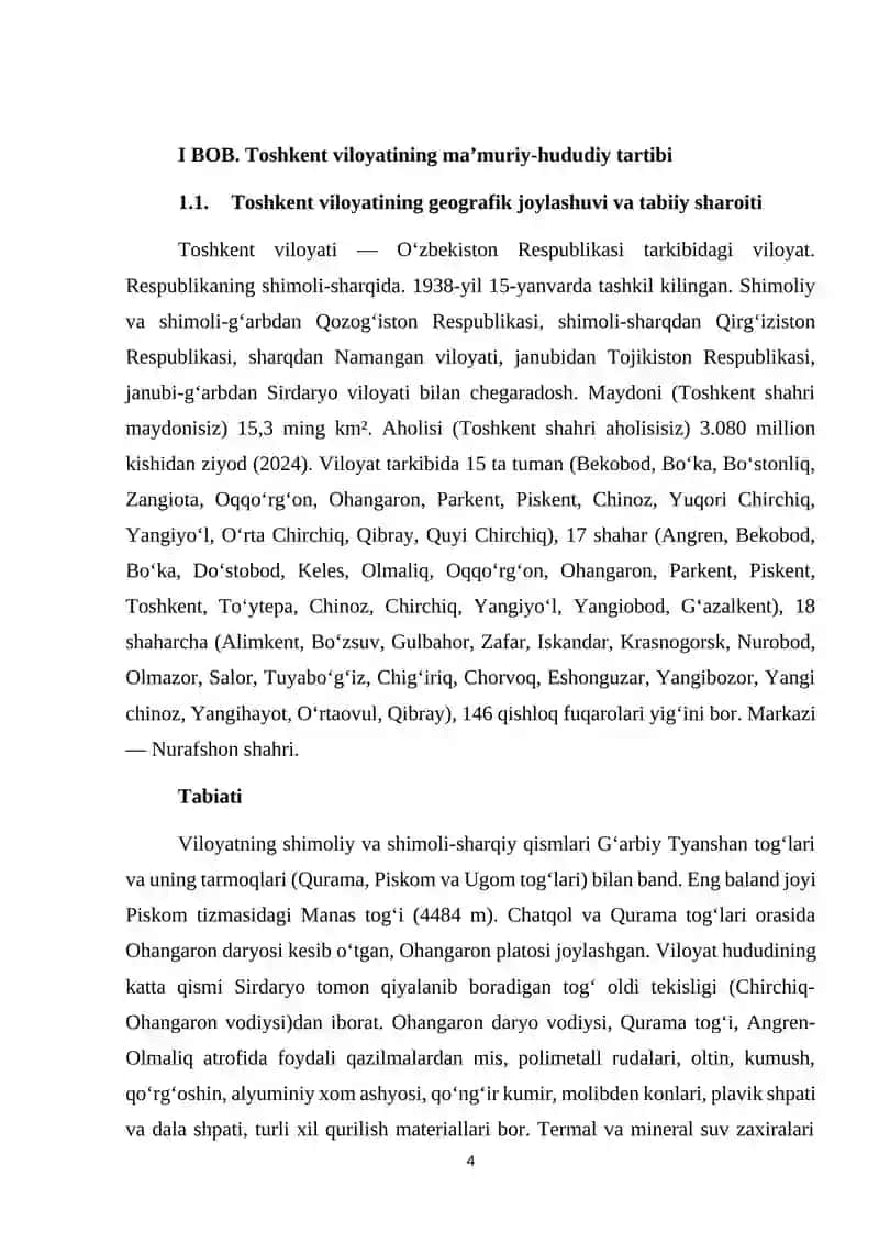 Toshkent Viloyatining Ma’muriy va Hududiy Tarkibi va Ijtimoiy-Iqtisodiy Rivojlanish Xususiyatları 4