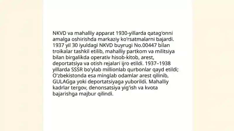 1930-yillarda ommaviy qatag'onning avj olishi uning O'zbekistonga ta'sir 4