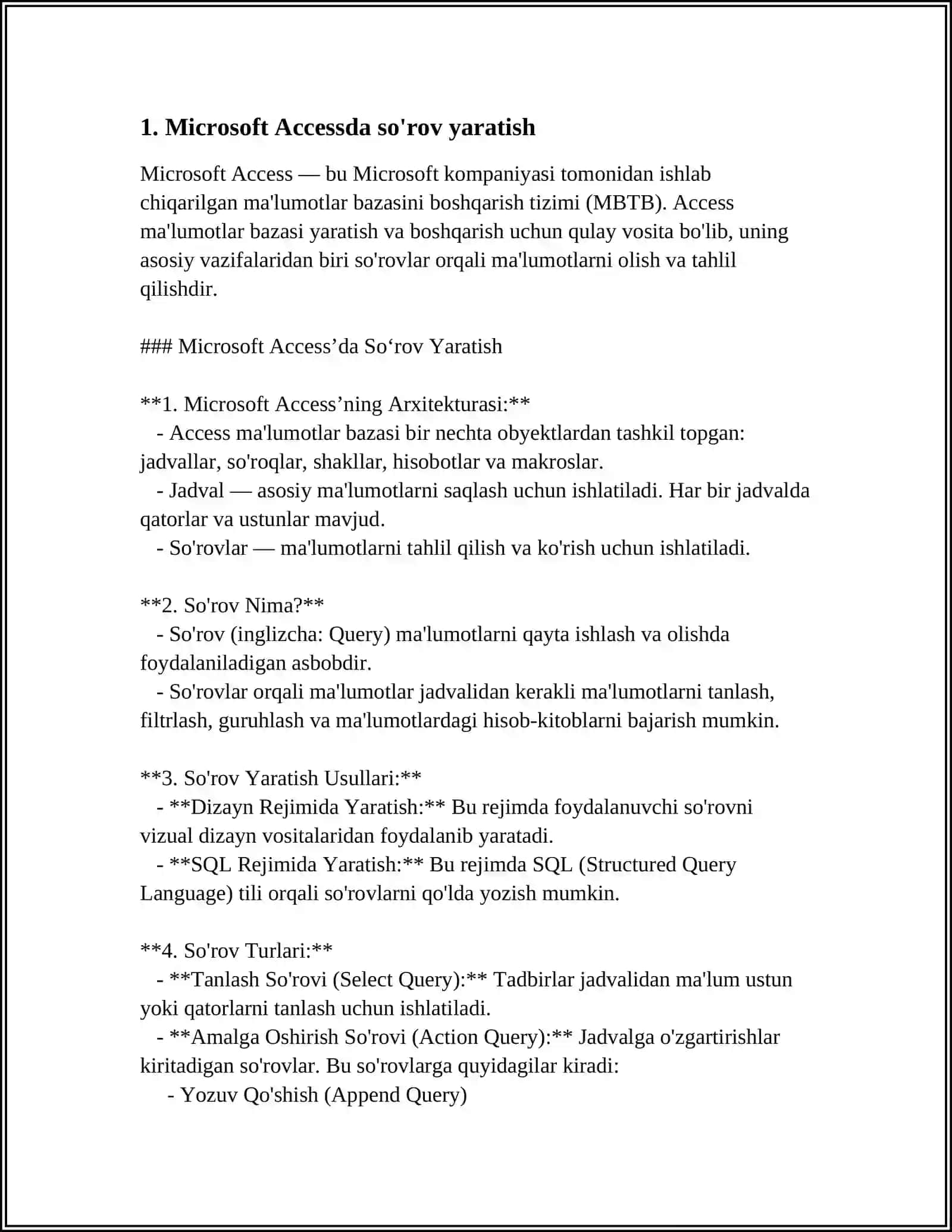 MBBT ACCESS DASTURIDA SOʻROV VA HISOBOTLAR TAYYORLASH 4