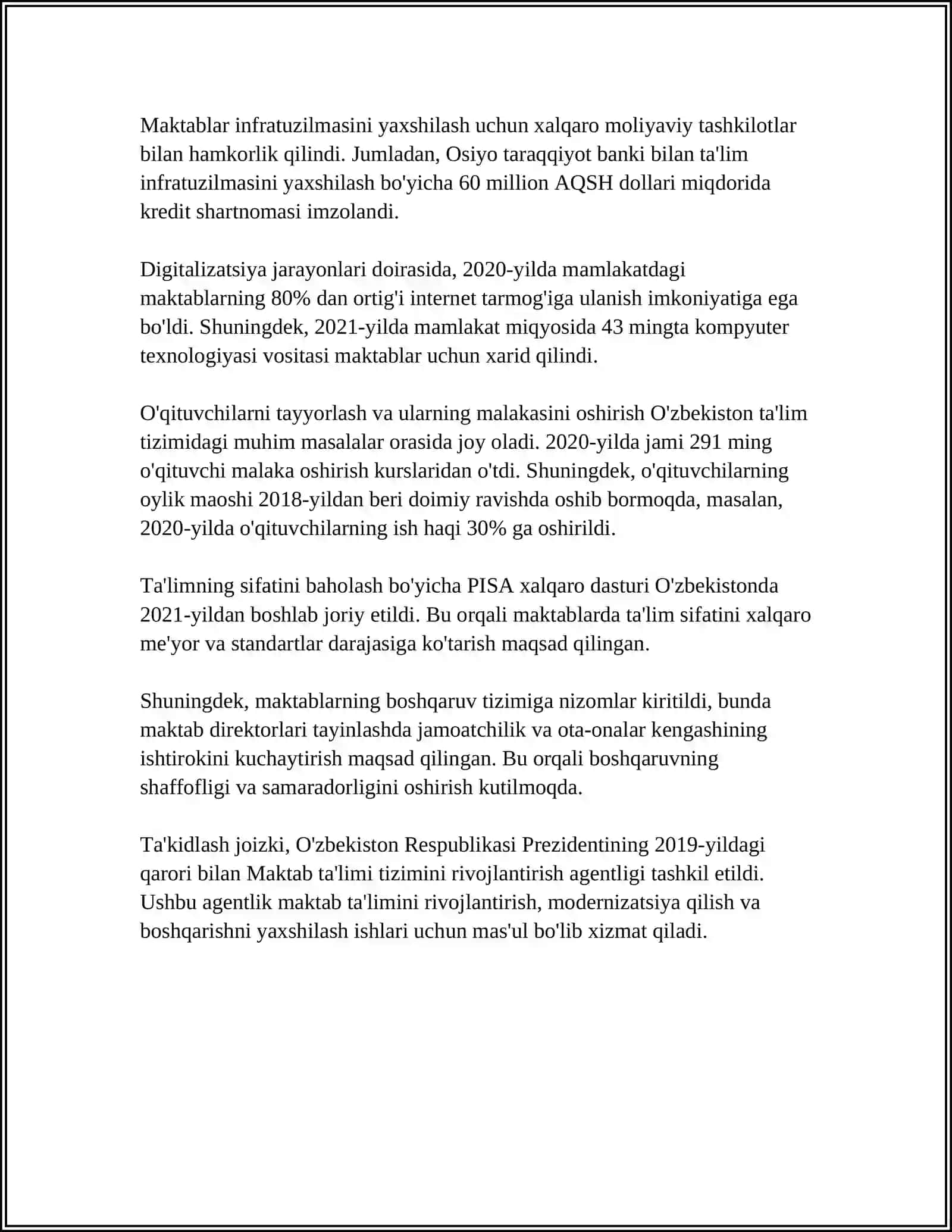 O'ZBEKISTON RESPUBLIKASIDA TA'LIM SOHASIDA AMALGA OSHIRILGAN ISLOHOTLAR 4