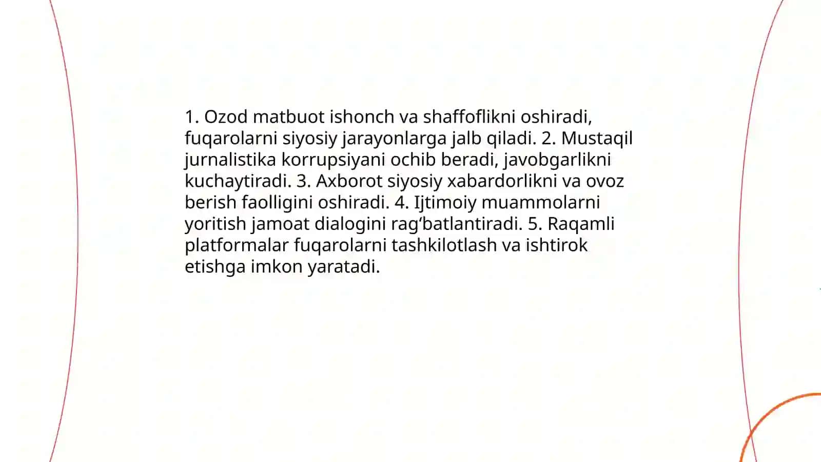 Oʻzbekistonning demokratik rivojlanishi va fuqarolarning jamiyat hayotidagi faolligini oshirishda ommaviy axborot vositalari va axborotning ahamiyati 4