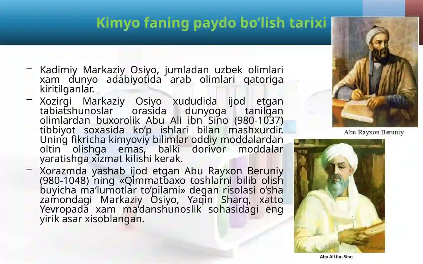 Kimyo fаnining paydo bo‘lish tarixi. Fanning mаqsаdi va vazifalari. Modda. Atom mоlеkulyar tа’limоt vа kimyoviy elеmеnt. Kimyoning asosiy qonunlari 4