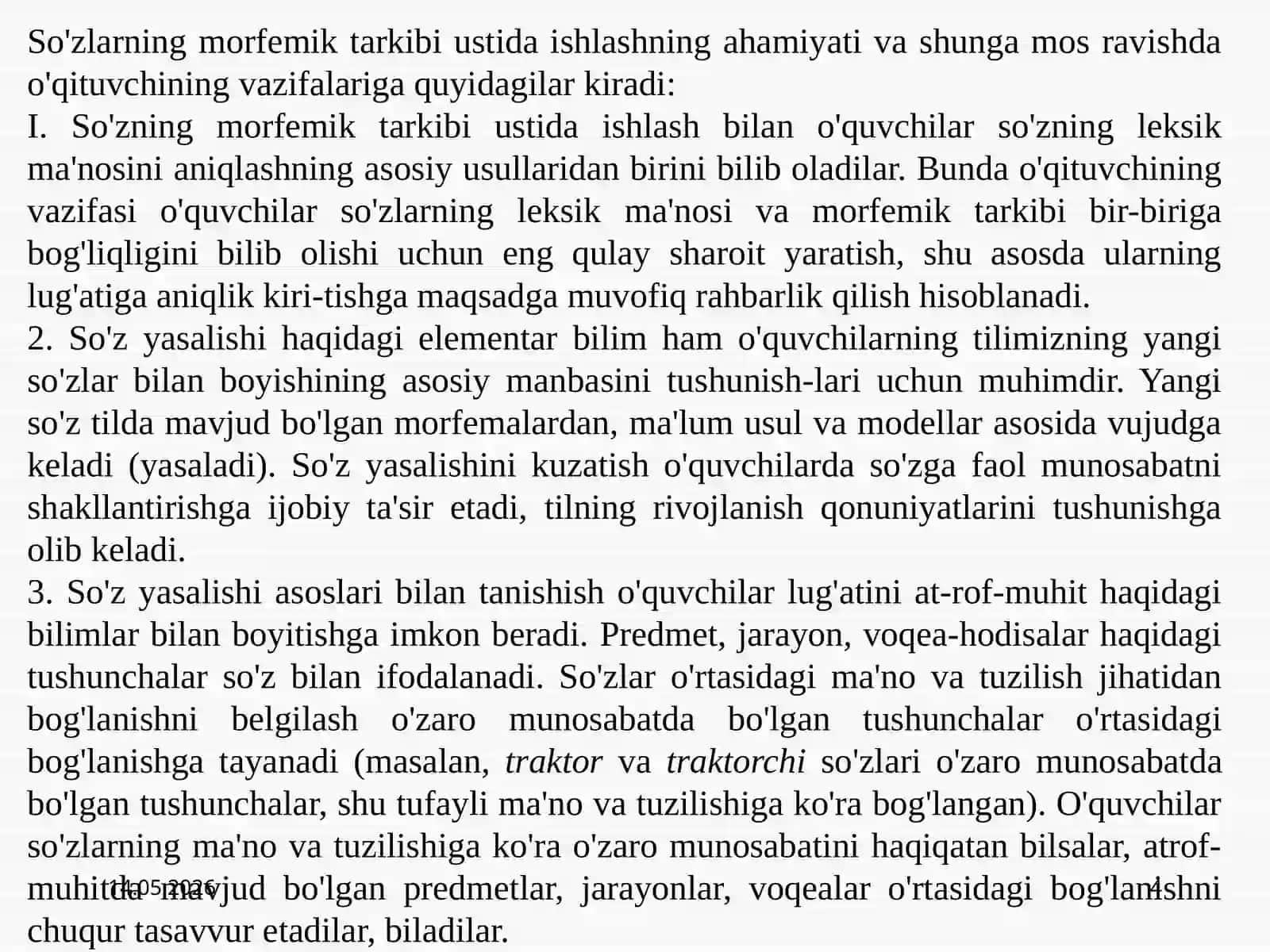 Asos va qo‘shimcha ustida ishlashning mazmuni va metodikasi. So‘z turkumlarini o‘rganish bilan bog‘liq holda so‘zning tarkibi ustida ishlash 4