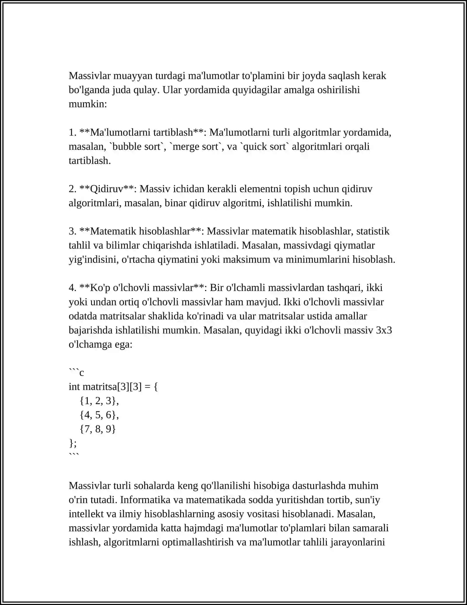 MASSIVLAR. MASSIVLARNI ISHLATISH QOIDALARI 4