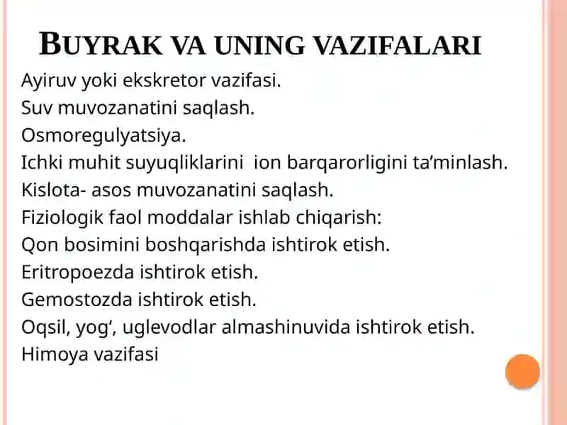 Ichki muhitning tarkibi va hajmini boshqarishda buyraklarning ahamiyati. 4