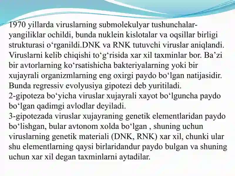 Odam patologiyasida viruslarning ahamiyati.Viruslarga umumiy xarakteristika,tuzilishi,ko’payishi,ajratib olish. 4