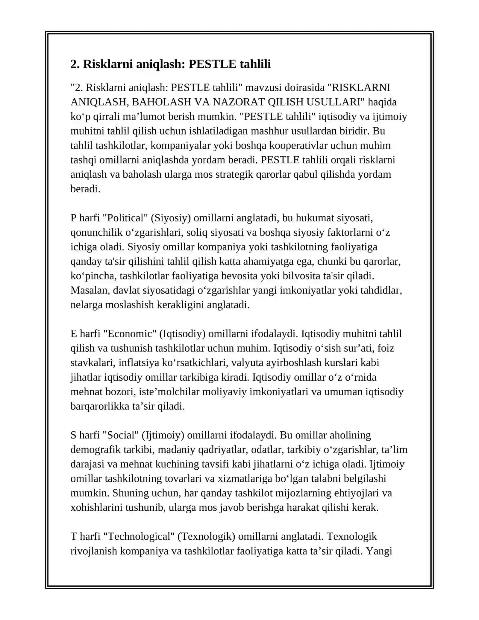 RISKLARNI ANIQLASH, BAHOLASH VA NAZORAT QILISH USULLARI 4