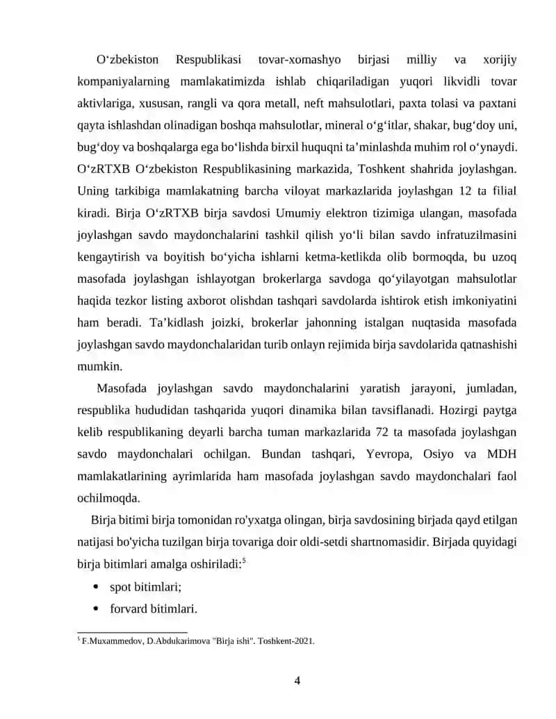 O’zbekiston Respublikasi tovar xom-ashyo birjasi faoliyati, savdo platformalari va a’zolari 4