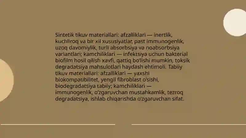 Zamonaviy tikuv materiallari. Sterilizatsiya oldi tayyorgarligi va sterilizatsiya sifatini aniqlash usullari 4