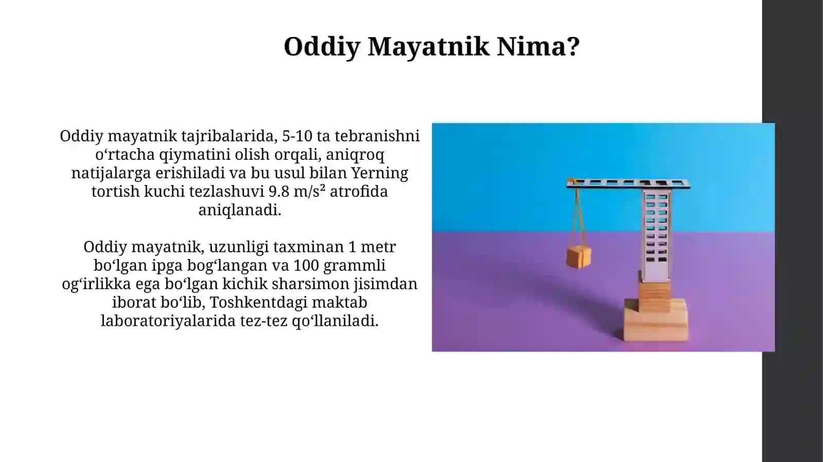 Jismning erkin tushish tezlanishini matematik mayatnik yordamida aniqlash 4