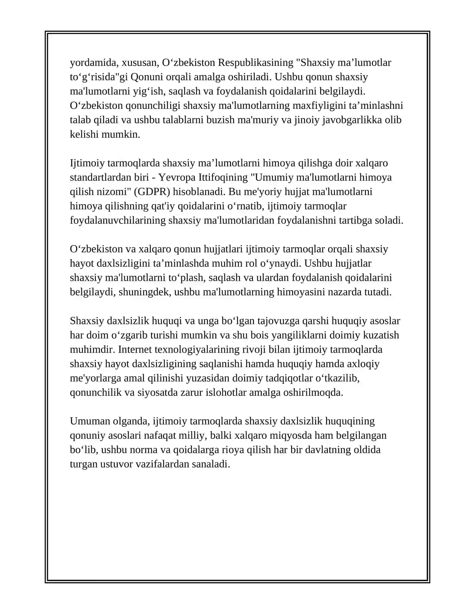 IJTIMOIY TARMOQLARDA SHAXSIY DAXLSIZLIK HUQUQI VA KIBERBULLING MUAMMOSI: HUQUQIY VA AXLOQIY TAHLIL 4
