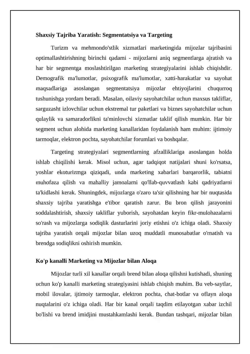 Turizm va mehmondo’stlik xizmatlari marketingini takomillashtirishning asosiy yo’nalishlari 4