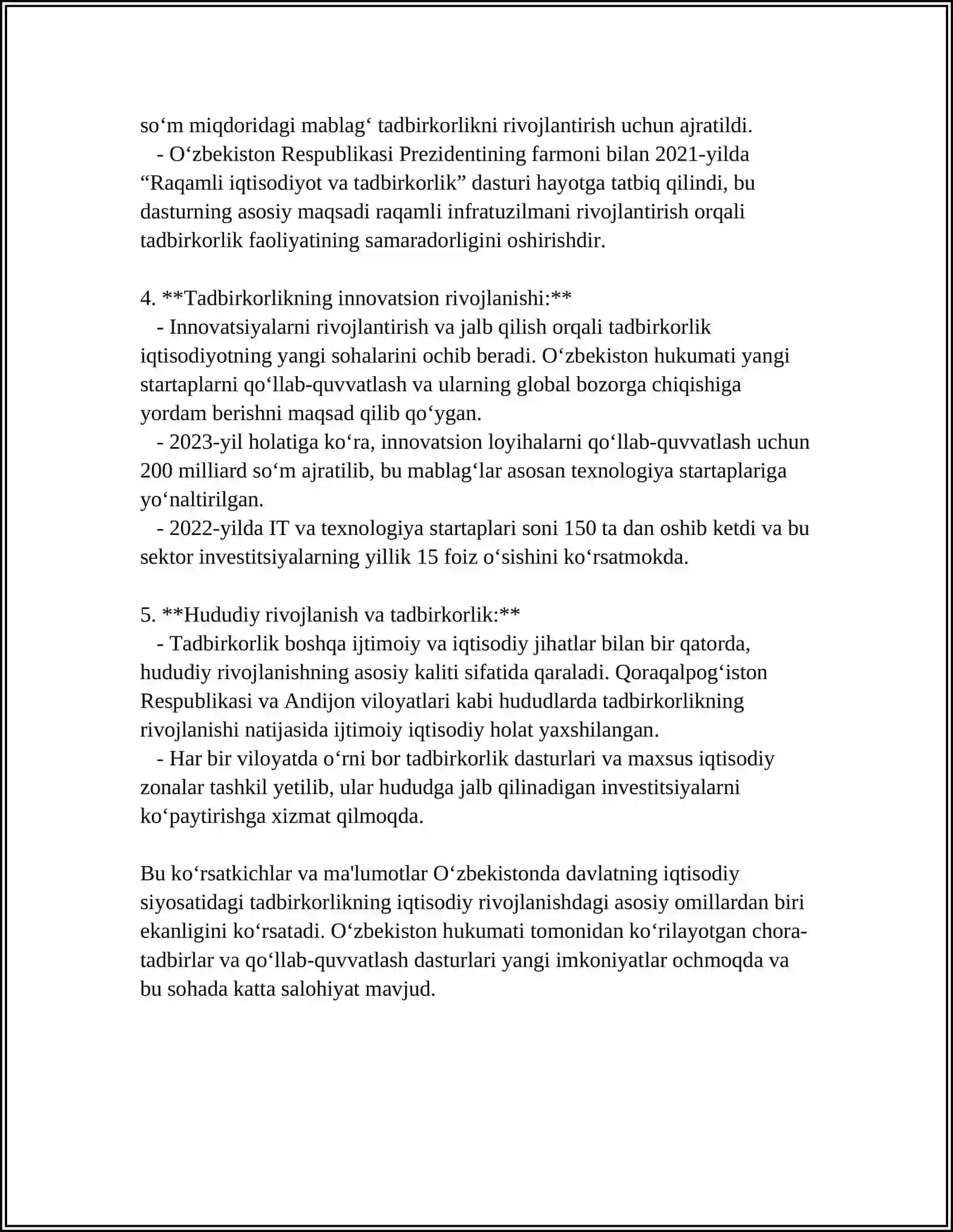TADBIRKORLIKNI RIVOJLANTIRISH VA QOʻLLAB QUVVATLASHDA DAVLATNING OʻRNI 4