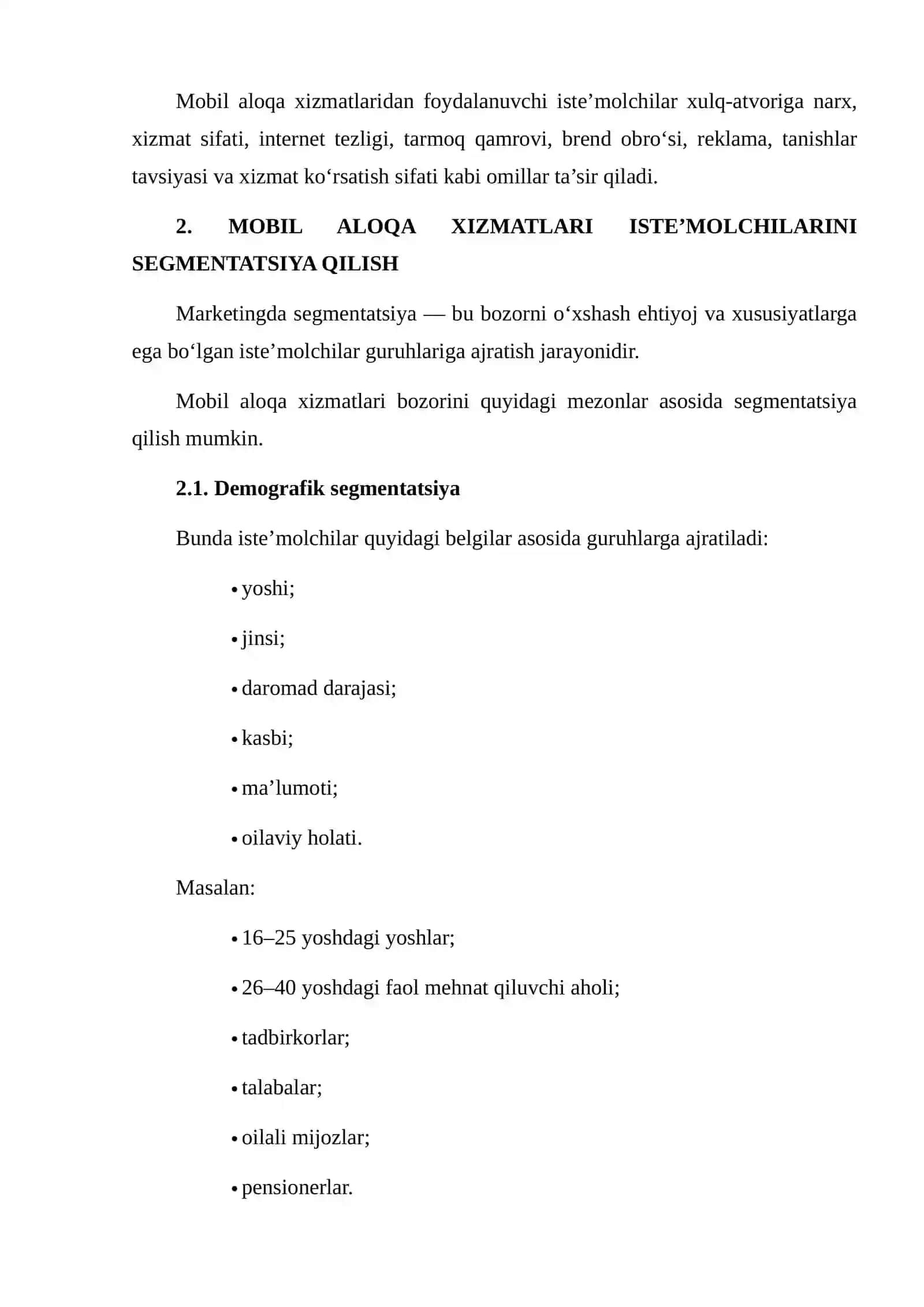 Mobil Aloqa Xizmatlari Iste’molchisining Ideal Profilini Yaratish va Unga Mos Marketing Strategiyasini Ishlab Chiqish 4