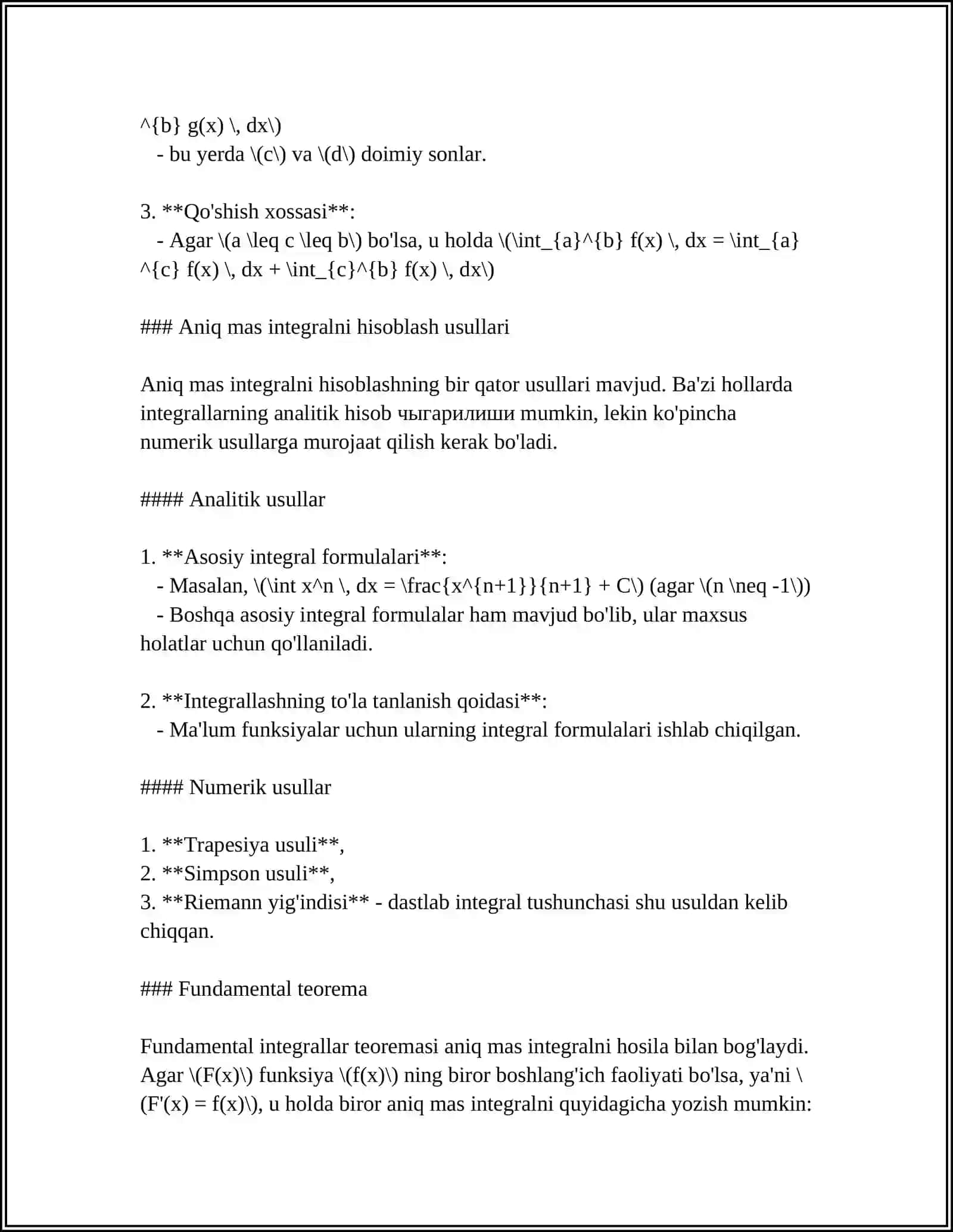 ANIQMAS INTEGRAL. BEVOSITA VA DIFFERENSIAL BELGISI OSTIDA KIRITIB INTEGRALLASH 4