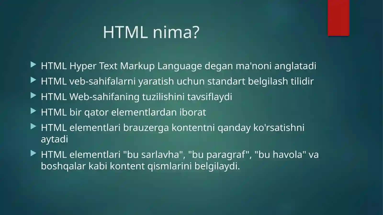 Gipermatnlimarkerlashtili(HTML)asosiytushunchalar,websahifagamatnlarnijoylashtirish,websahifadajadvallarvaformalarbilanishlash,websahifagamediafayllarnibog`lash,websahifagagrafikavatasvirlarchizish 4