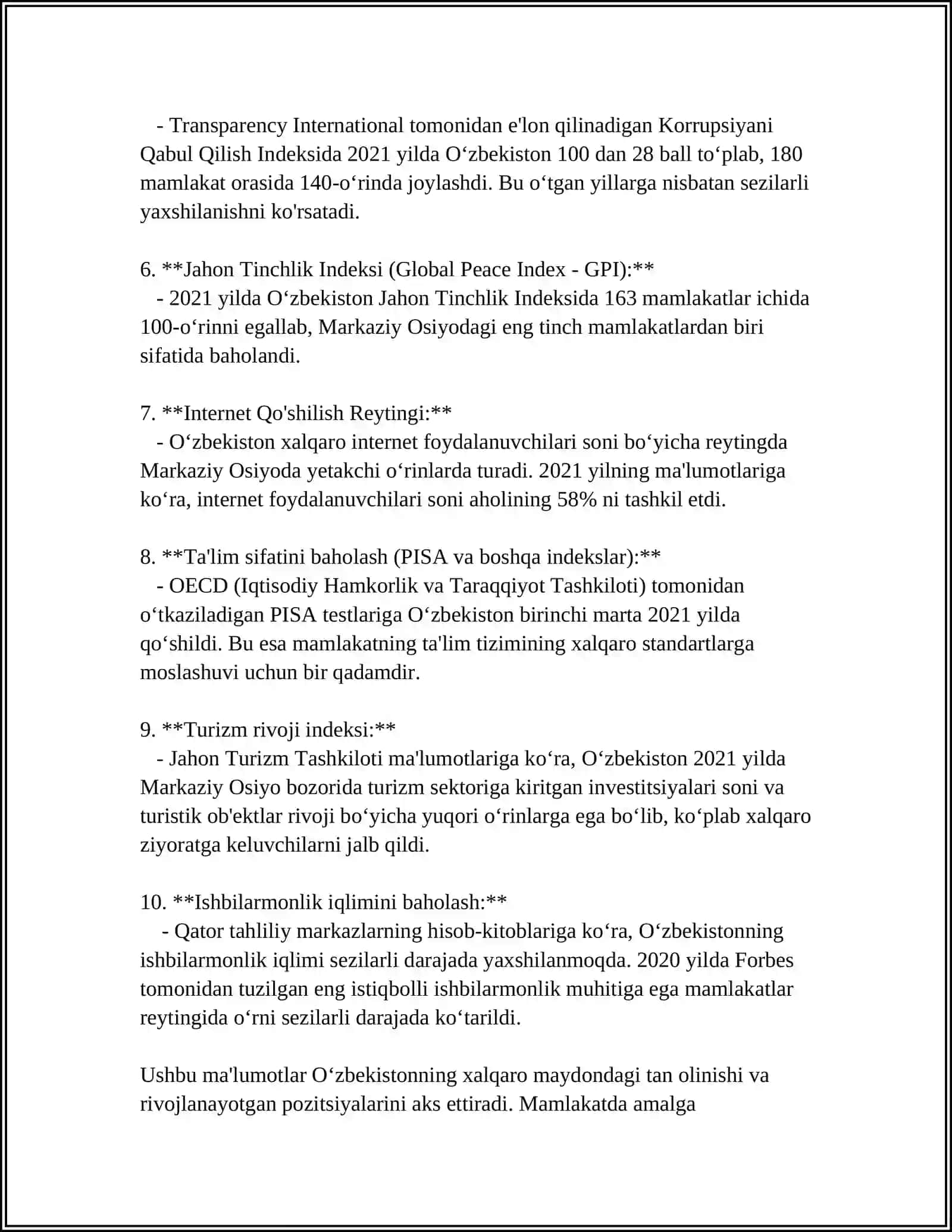 OʻZBEKISTON XALQARO REYTINGLARIDAGI KOʻRSATKICHLARINI KOʻTARISHDAGI TARIXIY VA SIYOSIY AHAMIYATI 4