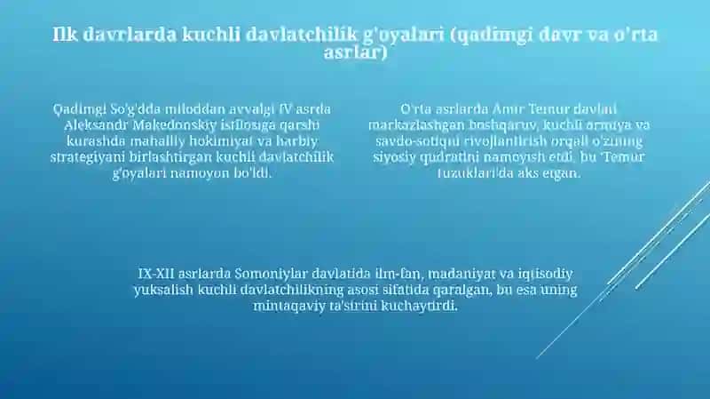 O'zbekiston tarixida kuchli siyosat konsepsiyasining shakllanishi,bosqichlari va rivojlanishi 4
