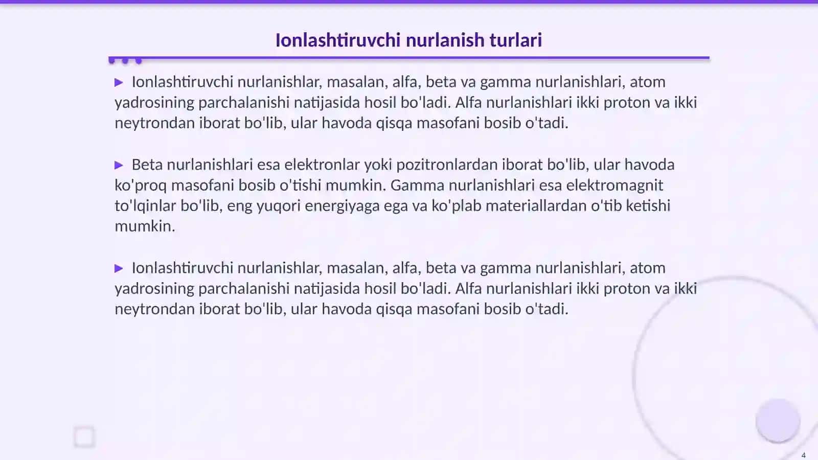 Nurlanishlarning biologik ta'siri va undan himoyalanish Atom yadrosi va elementar zarrachalar fizikasi 4