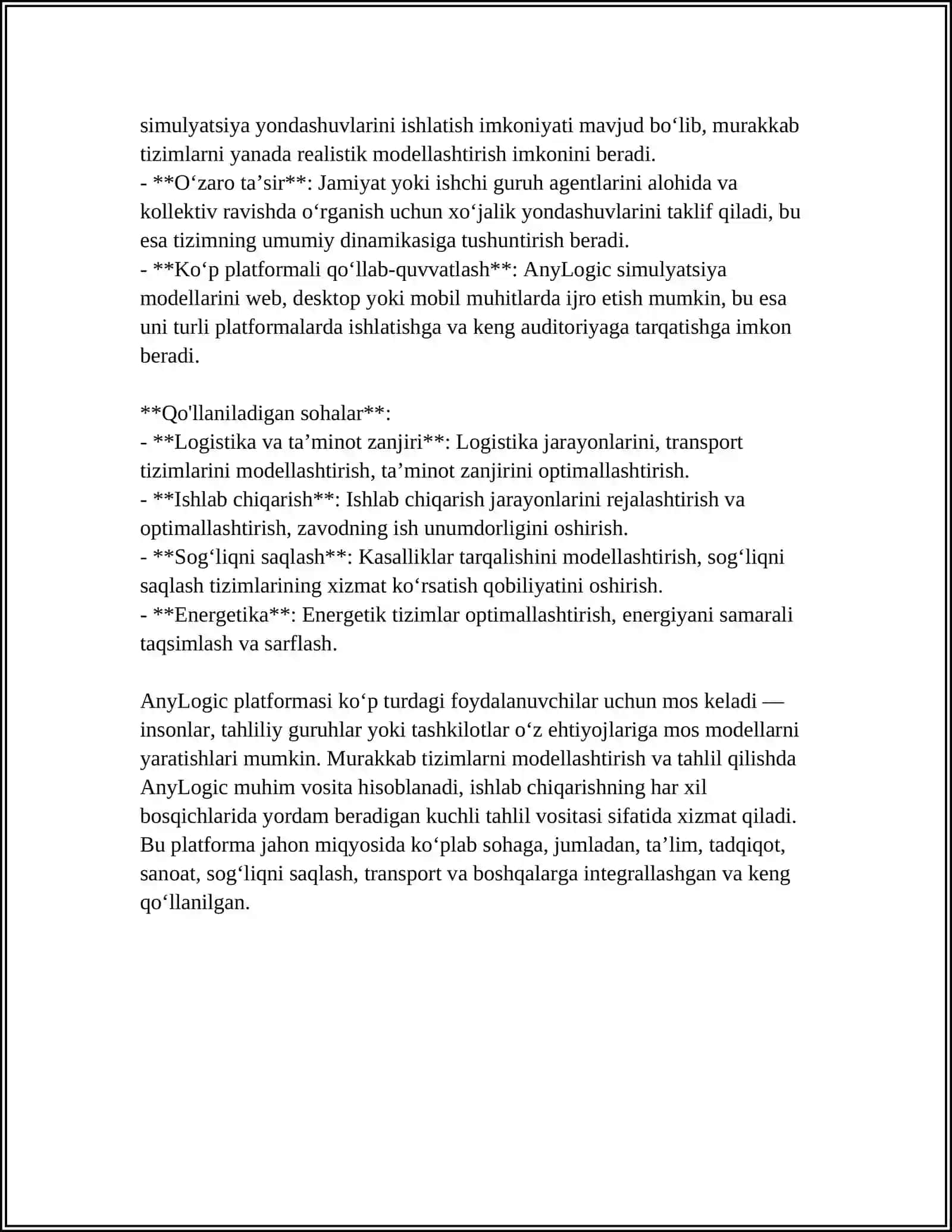 ANYLOGIC SIMULYATSIYA MUHITI HAQIDA TUSHUNCHA BERING 4