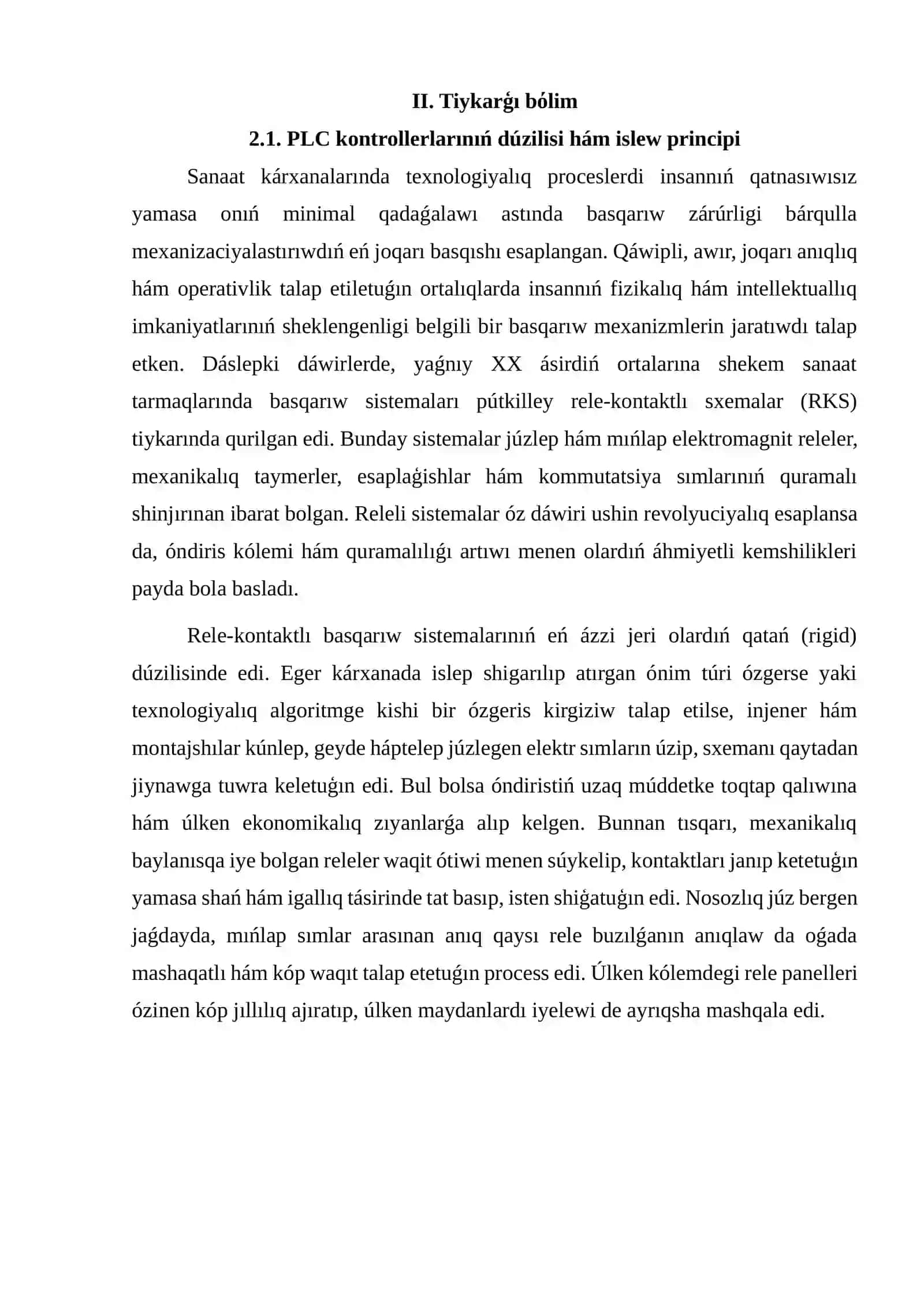PLC kontrollerları tiykarında texnologiyalıq processlerdi basqarıw sistemaların joybarlaw 4