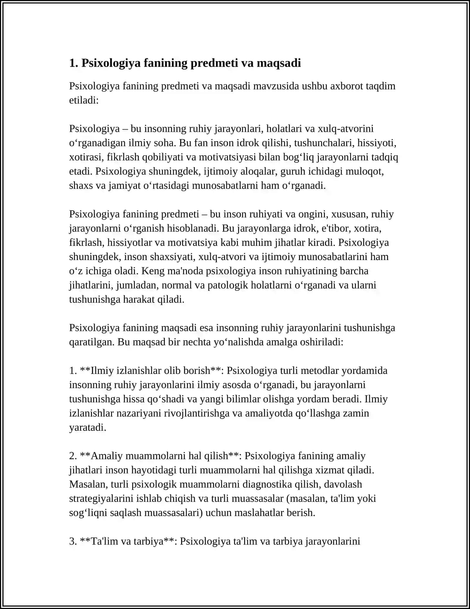 PSIXOLOGIYA FANINING PREDMETI RIVOJLANISH TARIXI VA SOHALARI 4