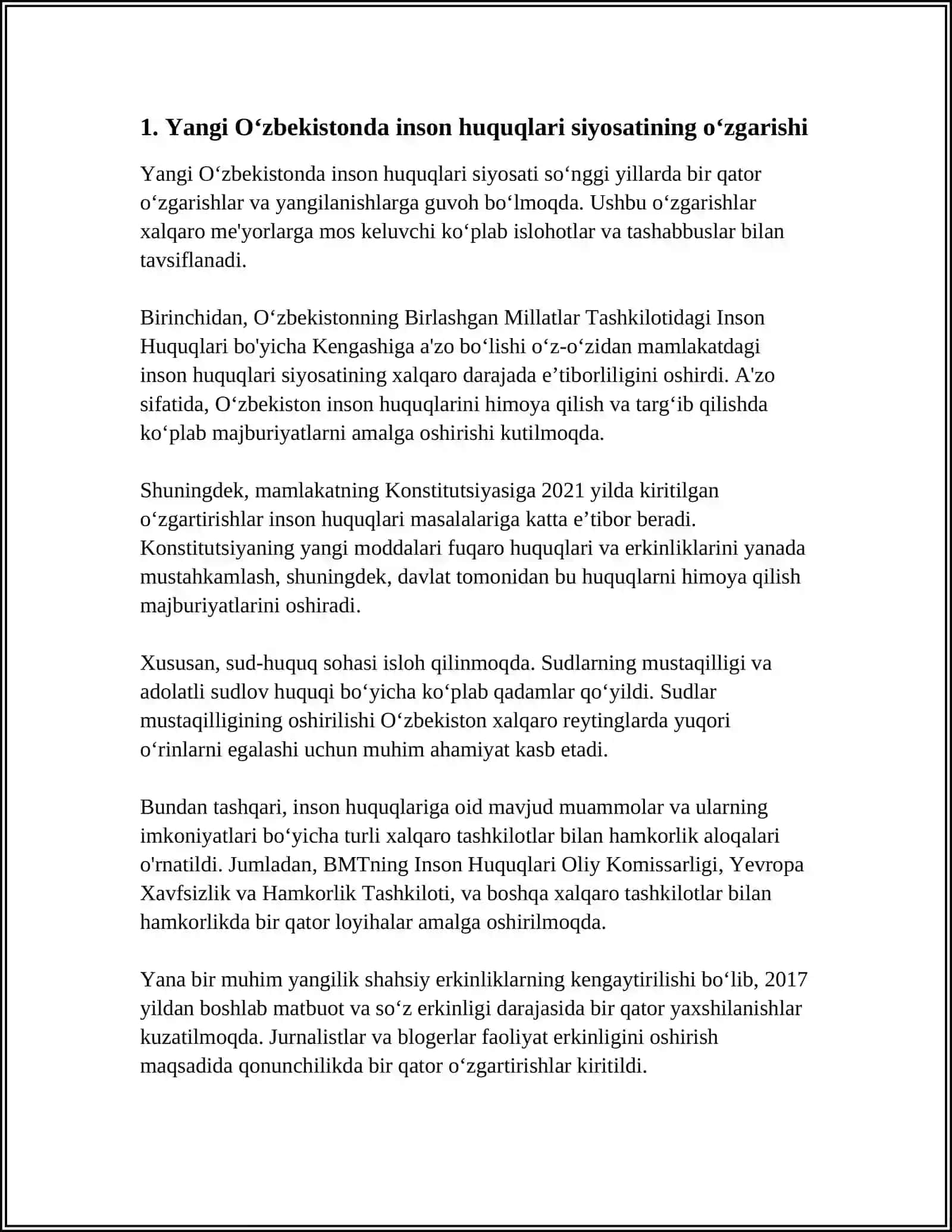 YANGI OʻZBEKISTONDA INSON HAQ-HUQUQLARI VA ERKINLIKLARI KAFOLATINING YARATILISHI 4
