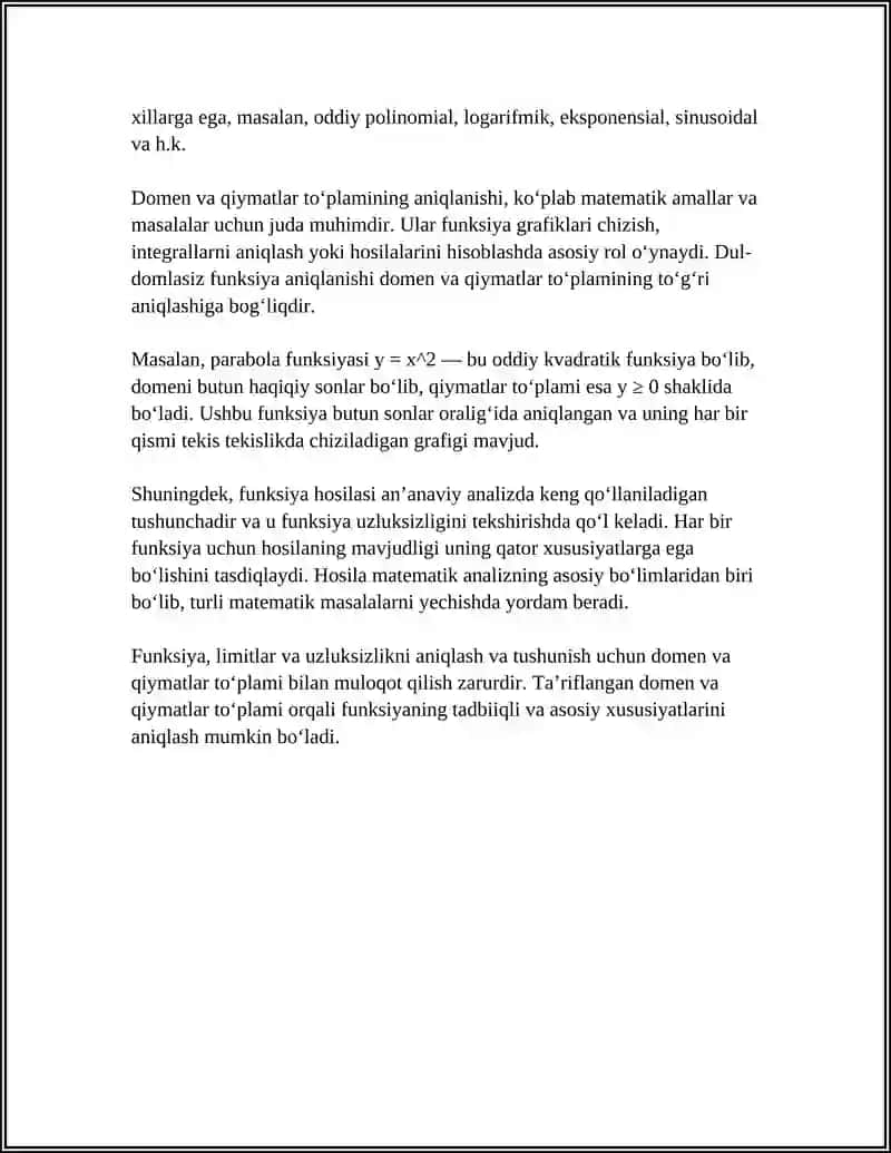 FUNKSIYA. LIMITLAR VA UZUKSIZLIK. FUNKSIYA HOSILASI VA UNING TADBIQLARI 4