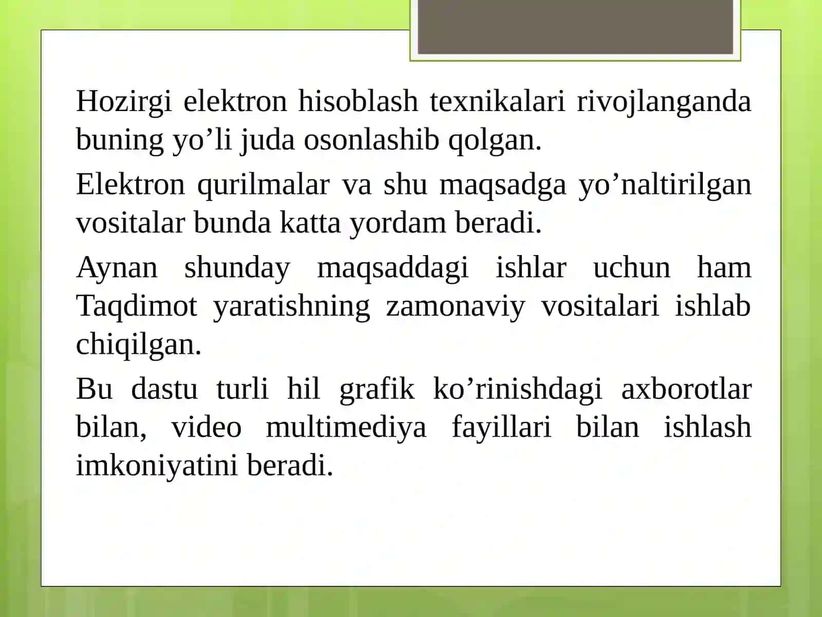TAQDIMOT YARATISHNING ZAMONAVIY VOSITALARI VA TA'LIM JARAYONIDA QO'LLANILISHI 4
