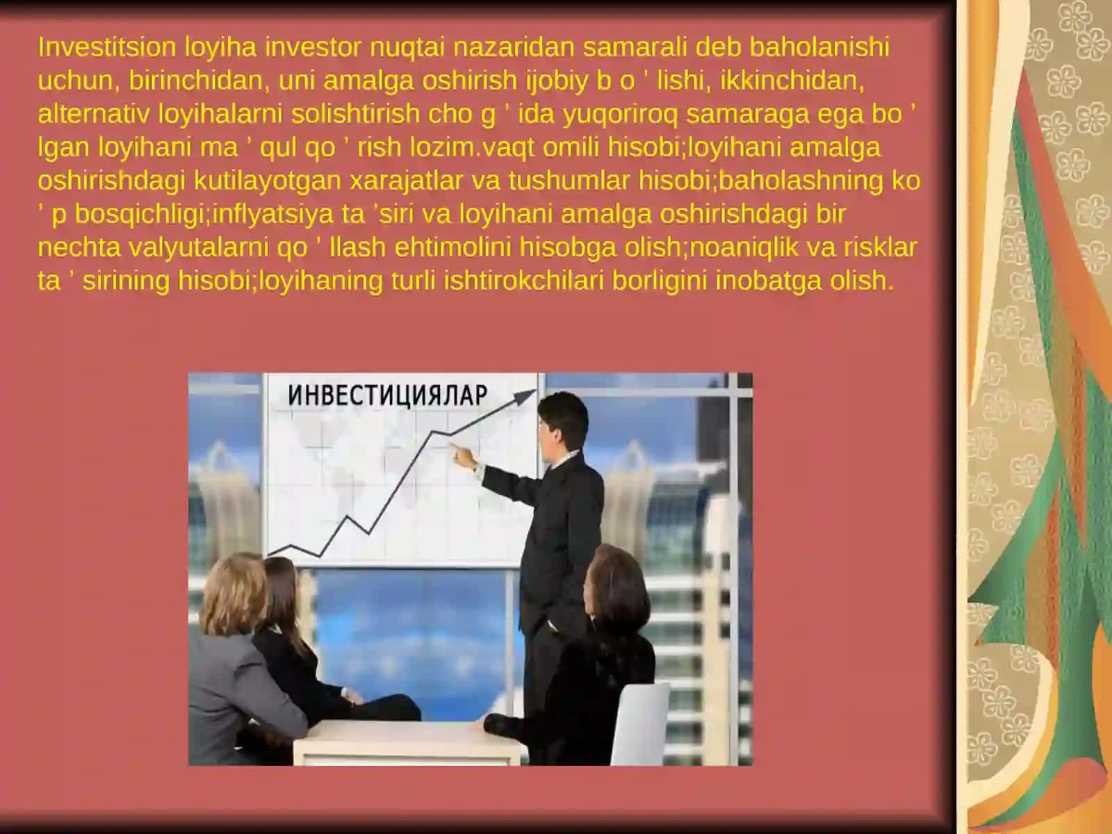 Investitsion loyihalarning samaradorlik koeffitsentini aniqlash usullari 4