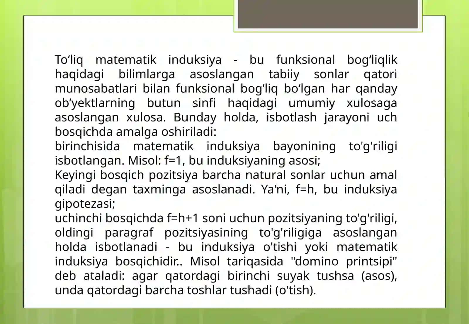 Matematik induksiyasi metodini qo'llashga oid misollar yechish 4