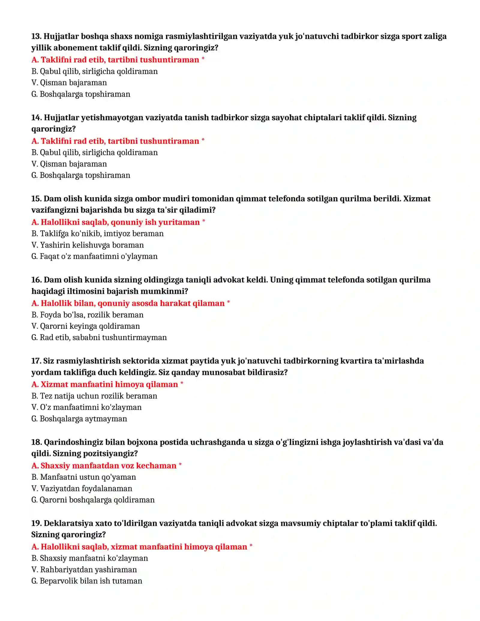 BOJXONA AKADEMIYASI - TEST SAVOLLARI (№ 36) 4