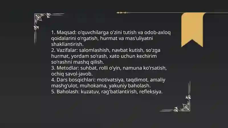 Boshlang'ich sinf o'qtuvchisining tarbiya fanidan dars ishlanma 4