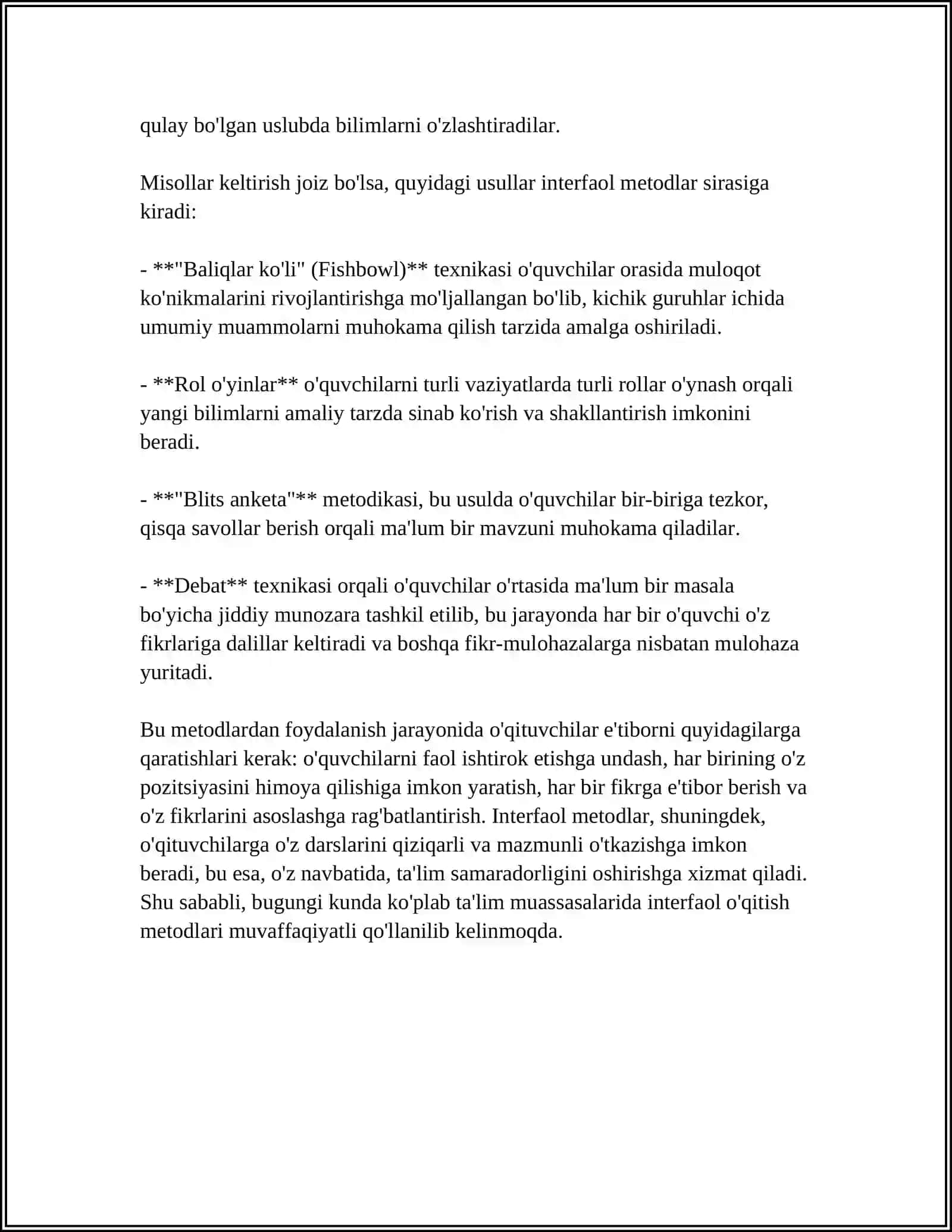 MUTAXASSISLIK FANLARINI OʻQITISHDA INTERFAOL METODLARDAN FOYDALANISH METODIKASI 4