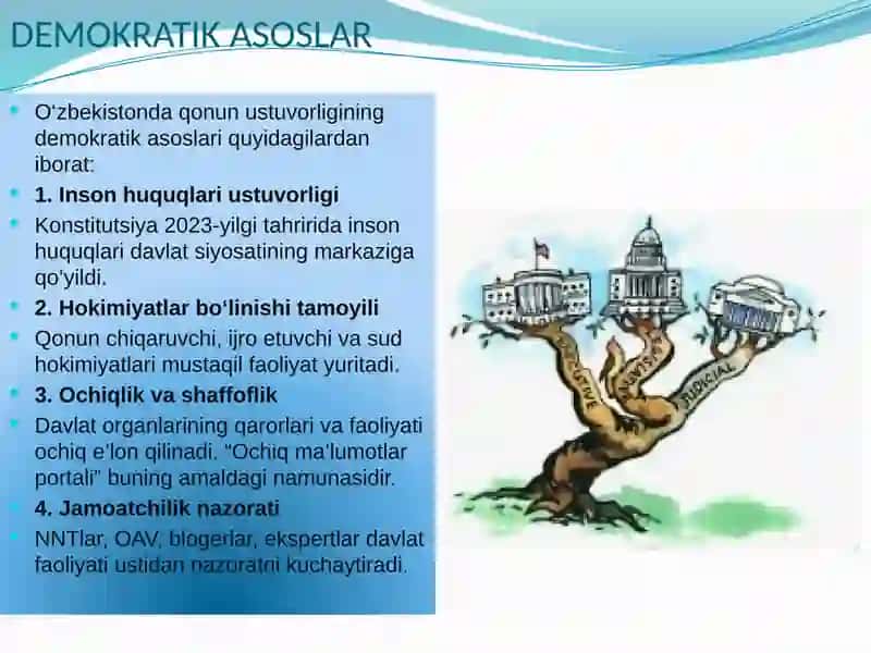 O‘zbekistonda qonun ustuvorligini ta’minlashning demokratik asoslari.Korrupsiya va unga qarshi kurashning mazmun-mohiyati 4