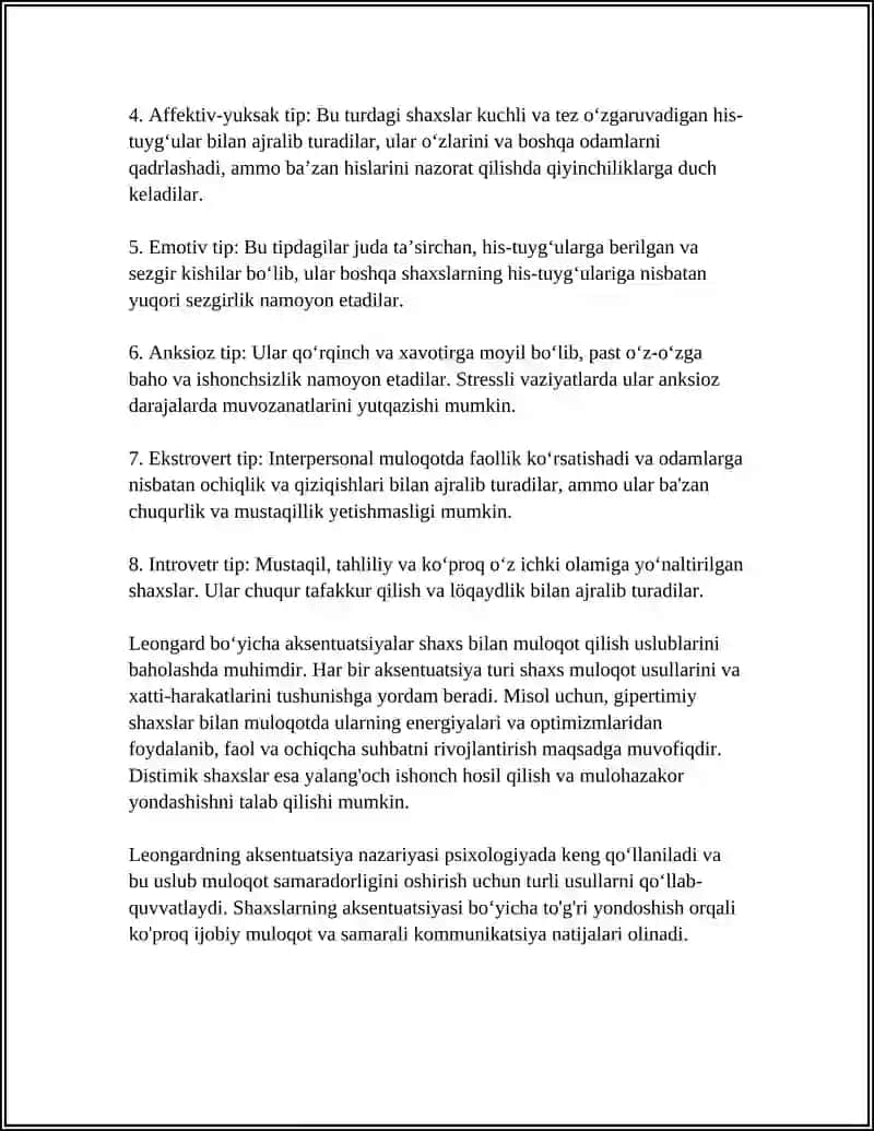 XARAKTER AKSENTUATSIYASI. MULOQOT USLUBLARINI BAHOLASHDA AKSENTUATSIYA-NING MA’LUM TIPLARI (K. LEONGARD BO‘YICHA) 4