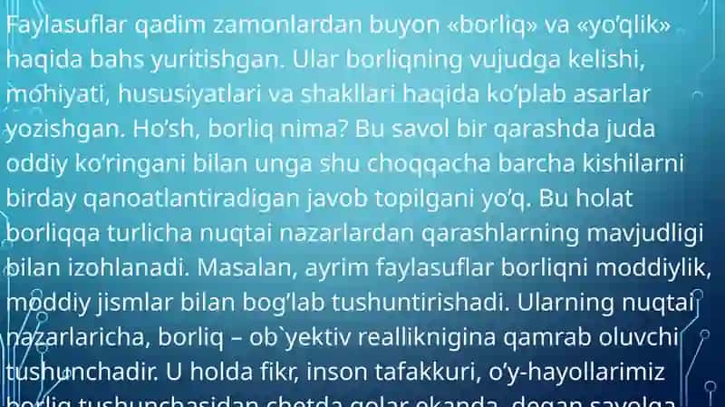 Parmenid va malesning borliq haqidagi qarashlardagi farqlar va umumiylikni aniqlash 4