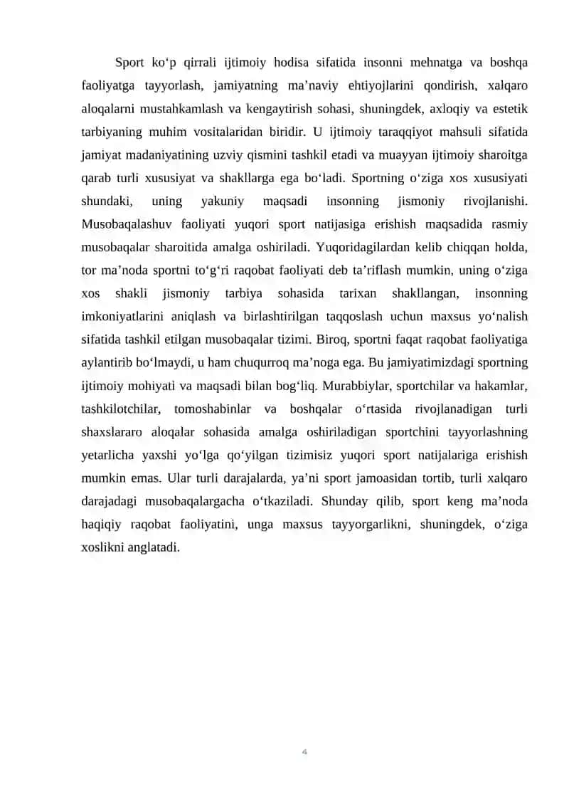 Sport mashg’ulotlari sportchilarni tayyorlashning eng muhum tarkibiy qismi va asosiy shakli sifatida 4