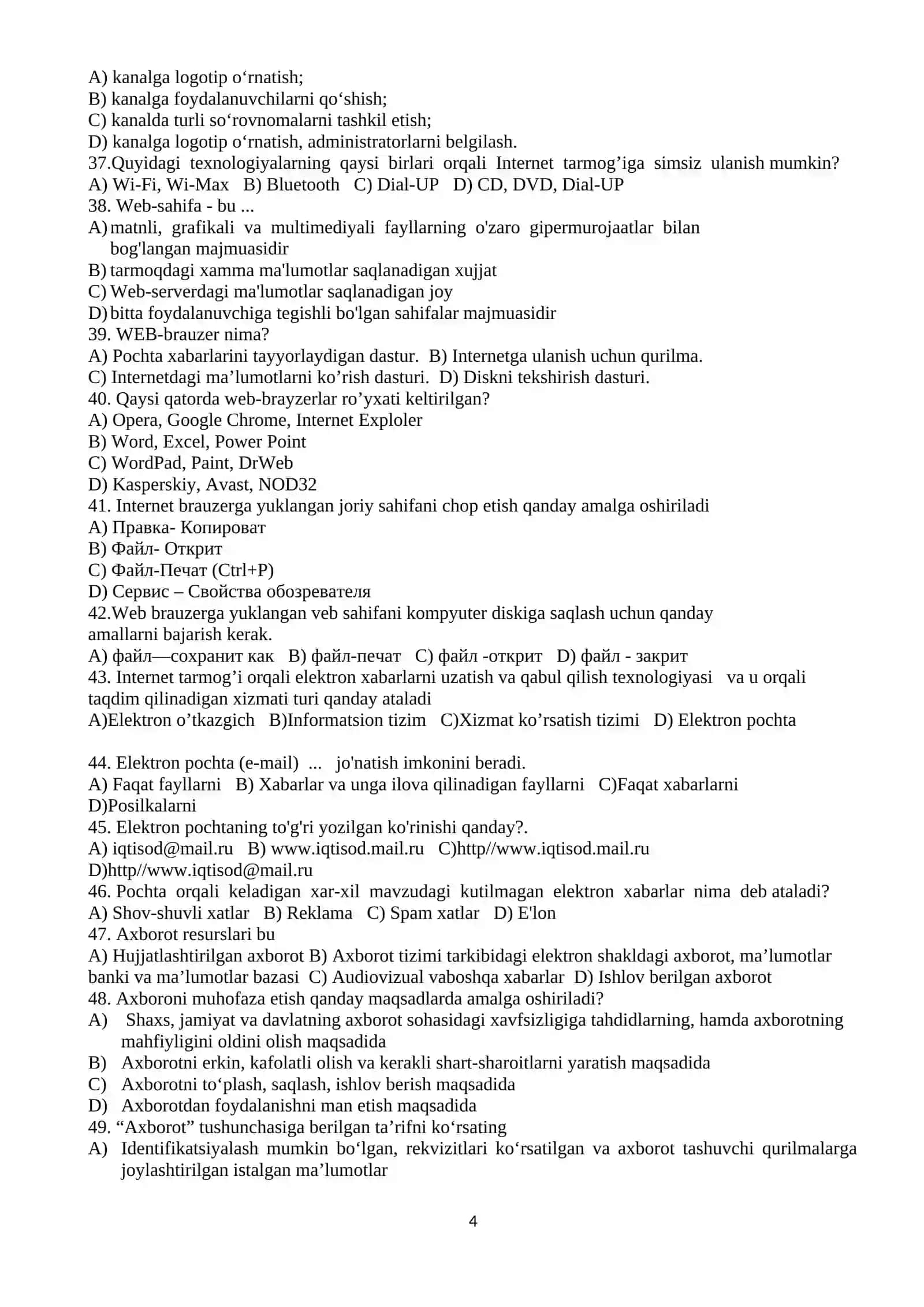 Boshlang’ich ta’limda AKT fanidan yakuniy nazorat test savollari 4