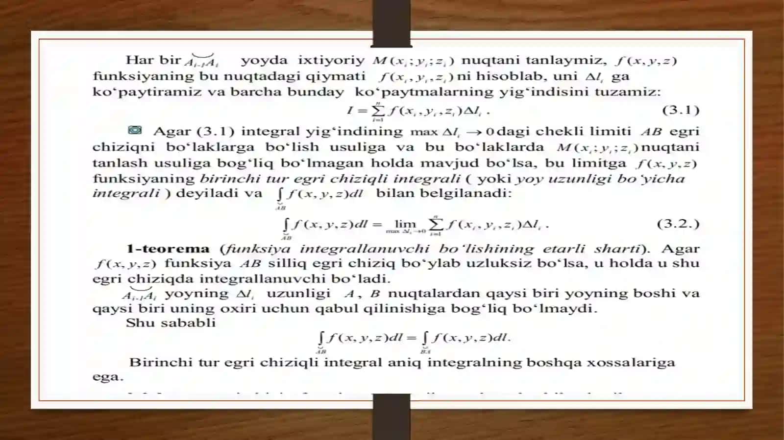 Birinchi va ikkinchi tur egri chiziqli integrallar orasidagi bog‘lanish. Ostrogradskiy-Grin formulasining tadbiqlari 4