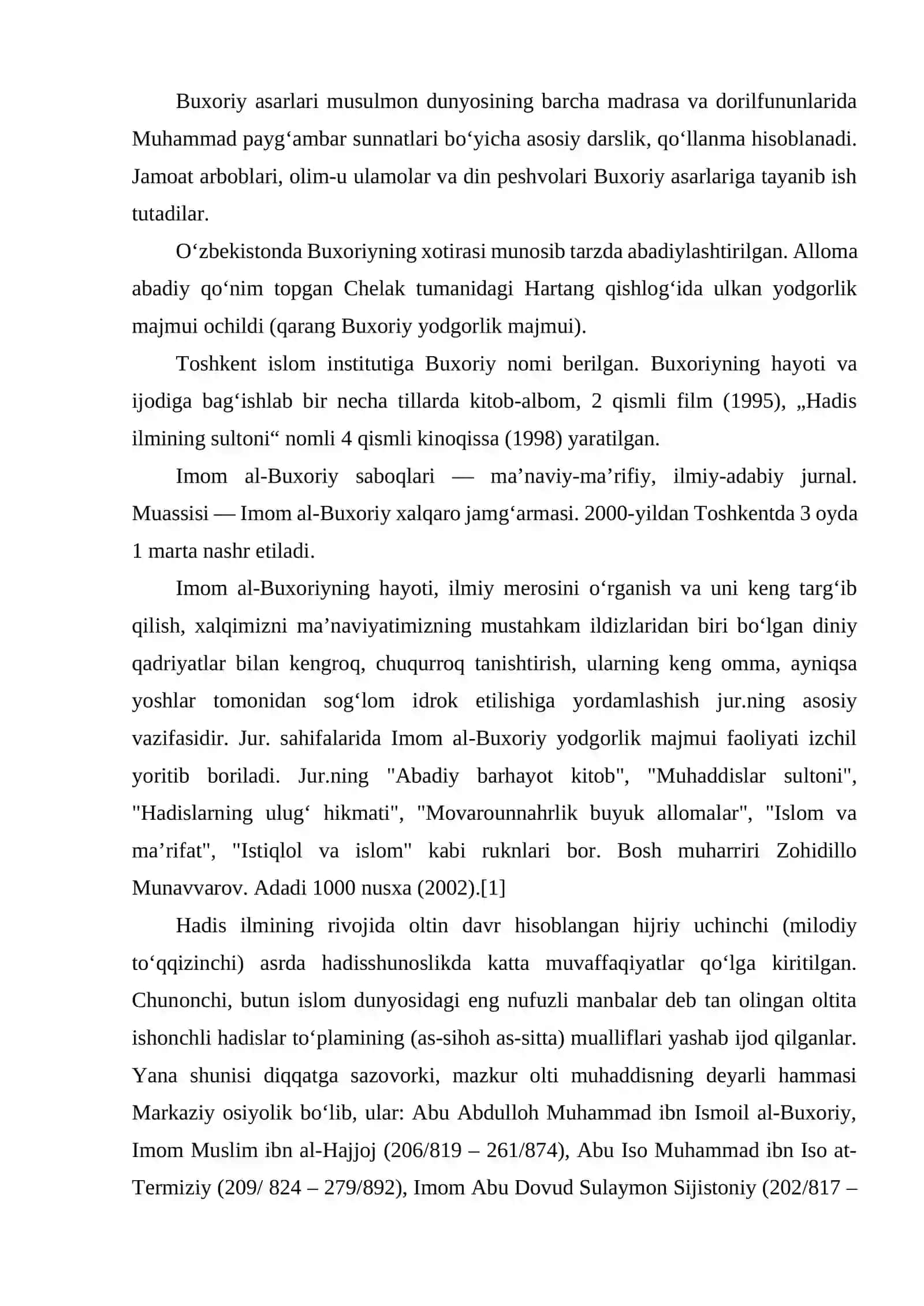 IMOM AL-BUXORIY (810-870) MAVZUSIDA MANBALAR TAHLILI VA ADABIYOTLAR SHARHINI TAYYORLASH 4